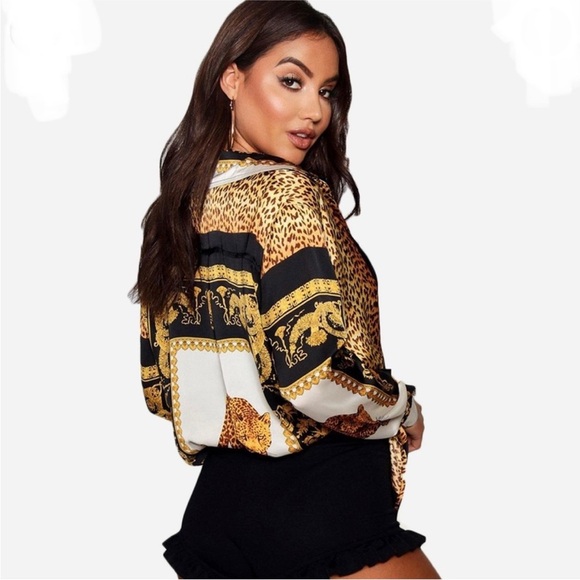 Pretty Little Thing Black Leopard Print Satin Oversized Shirt Size Small NWT - Picture 2 of 9